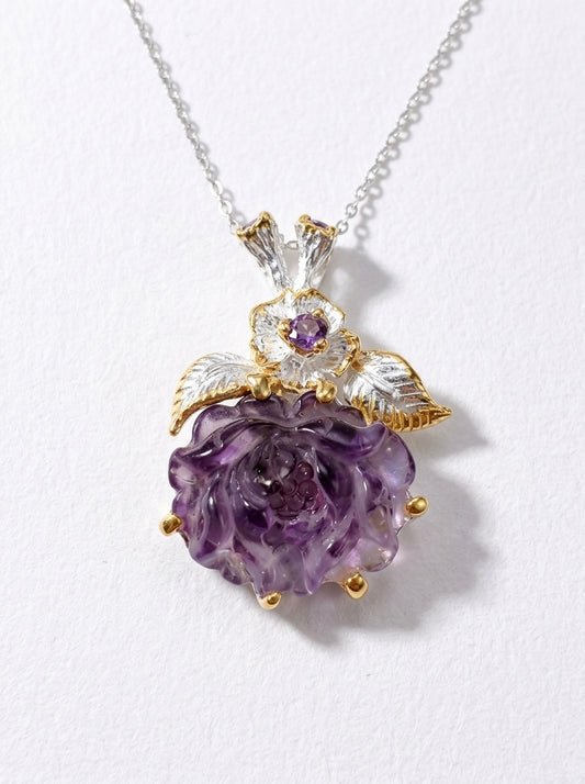 925 silver carved amethyst flower necklace
