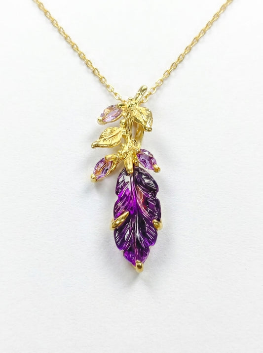 925 silver carved amethyst leaf necklace