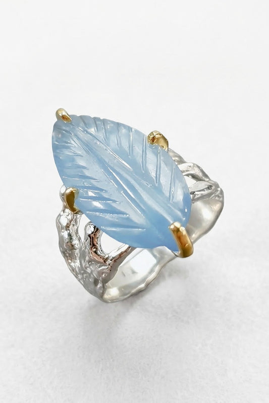 925 silver carved leaf aquamarine ring