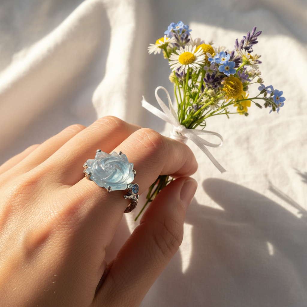 925 silver carved rose aquamarine ring