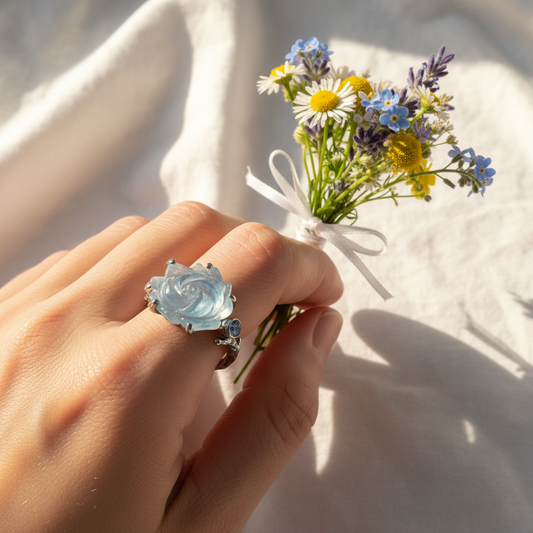 925 silver carved rose aquamarine ring