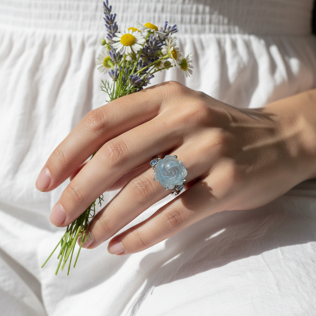 925 silver carved rose aquamarine ring