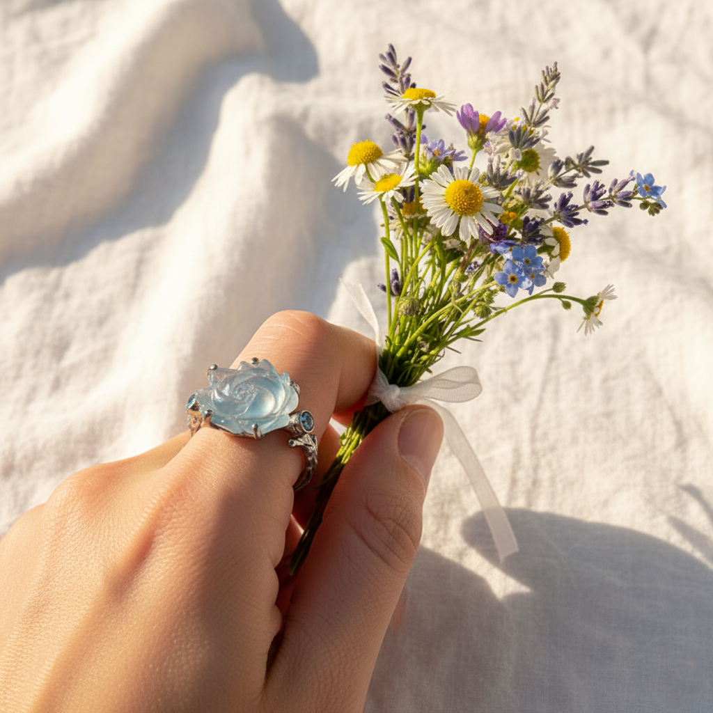 925 silver carved rose aquamarine ring