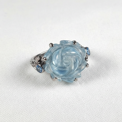 925 silver carved rose aquamarine ring