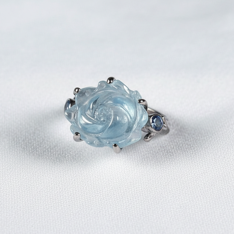 925 silver carved rose aquamarine ring