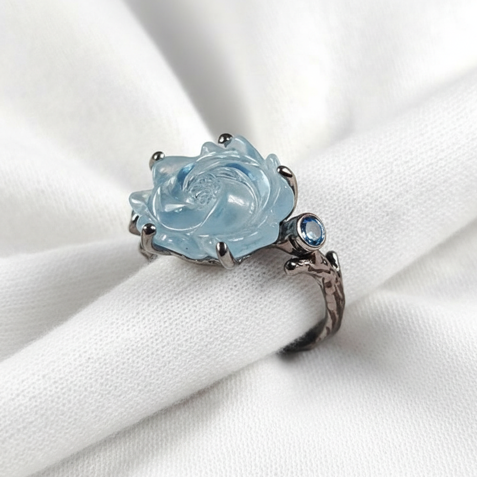 925 silver carved rose aquamarine ring