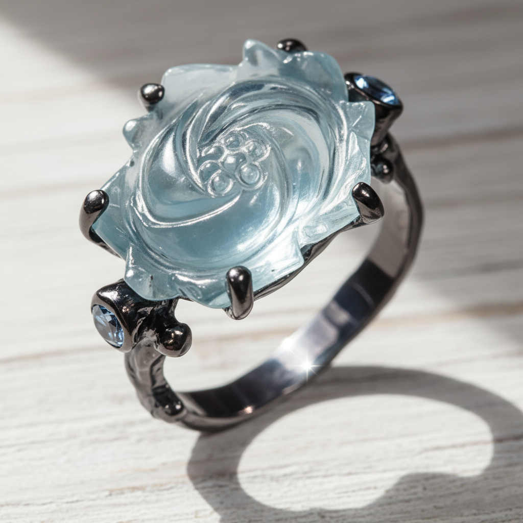 925 silver carved rose aquamarine ring