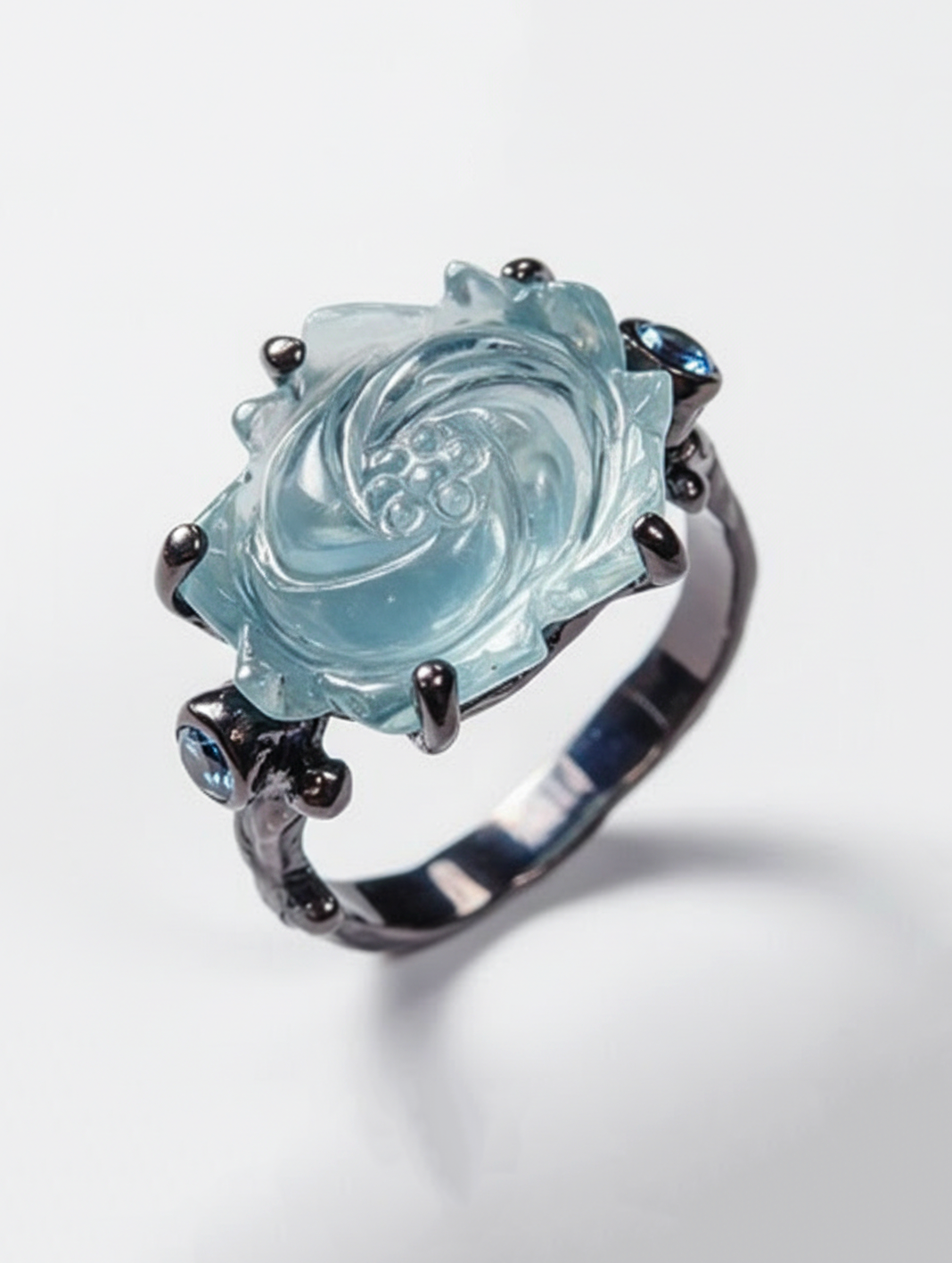 925 silver carved rose aquamarine ring
