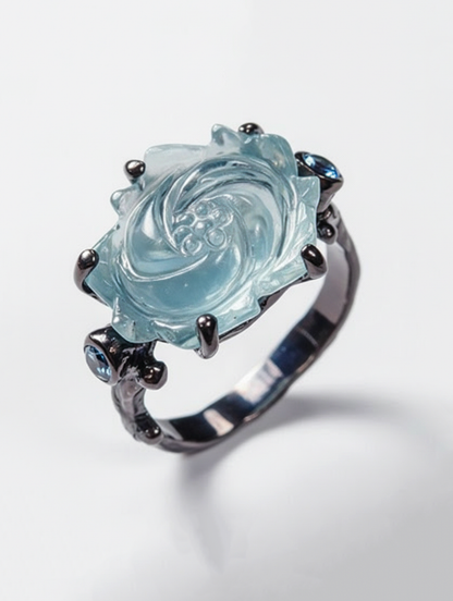 925 silver carved rose aquamarine ring