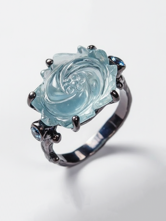 925 silver carved rose aquamarine ring