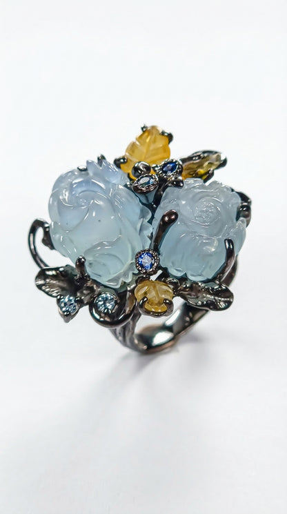 925 silver carved roses aquamarine ring