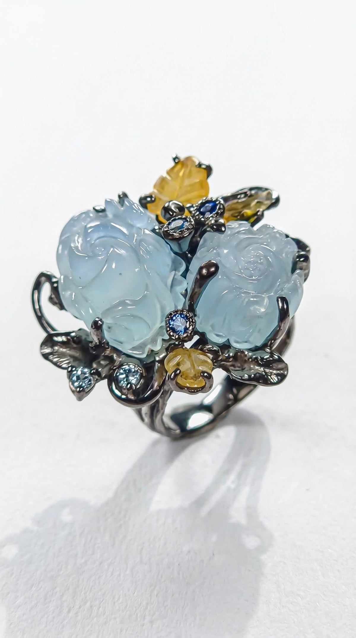 925 silver carved roses aquamarine ring