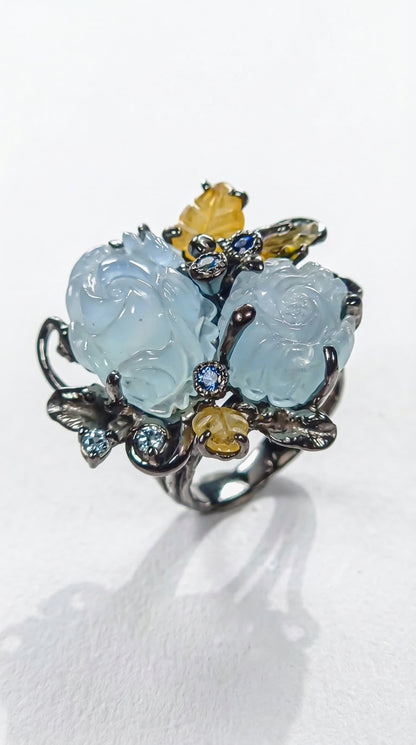 925 silver carved roses aquamarine ring