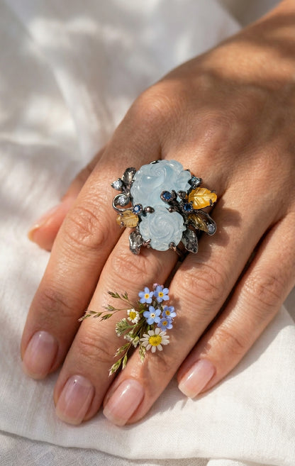 925 silver carved roses aquamarine ring
