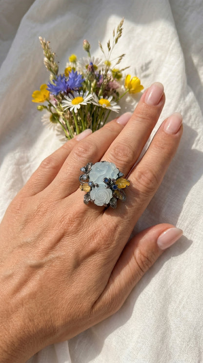 925 silver carved roses aquamarine ring