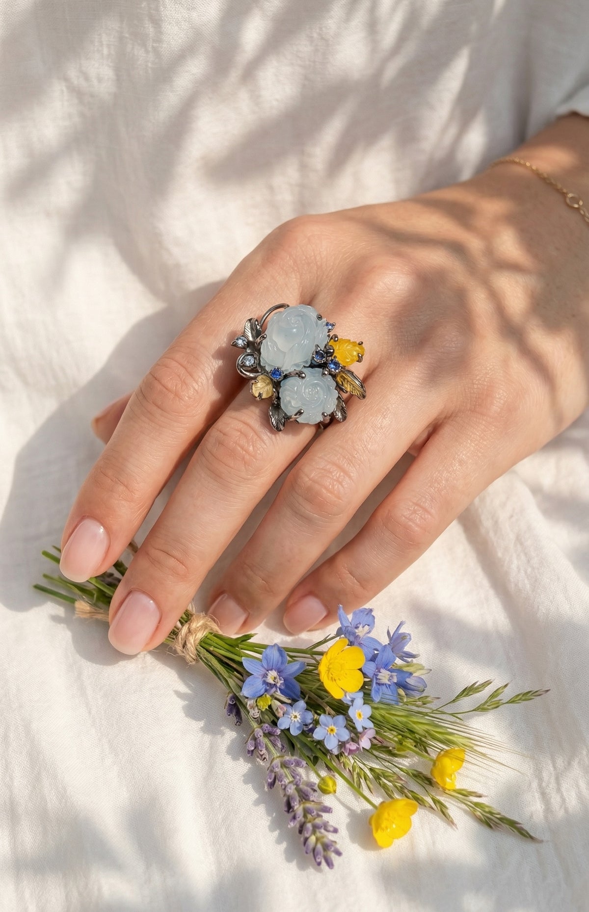 925 silver carved roses aquamarine ring