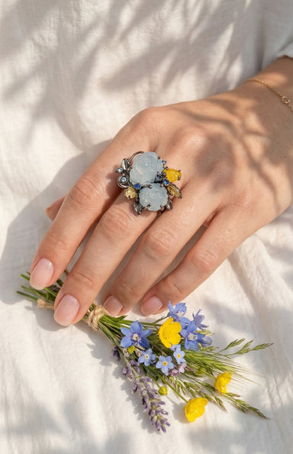 925 silver carved roses aquamarine ring