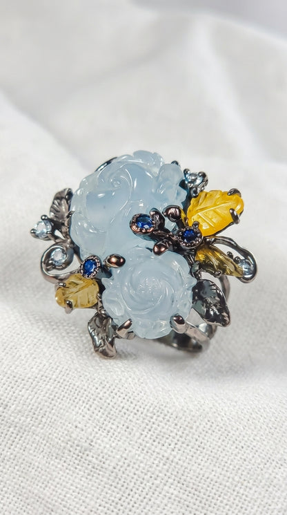 925 silver carved roses aquamarine ring