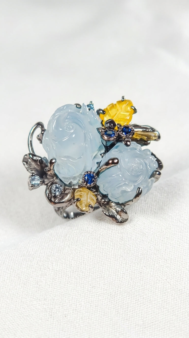 925 silver carved roses aquamarine ring