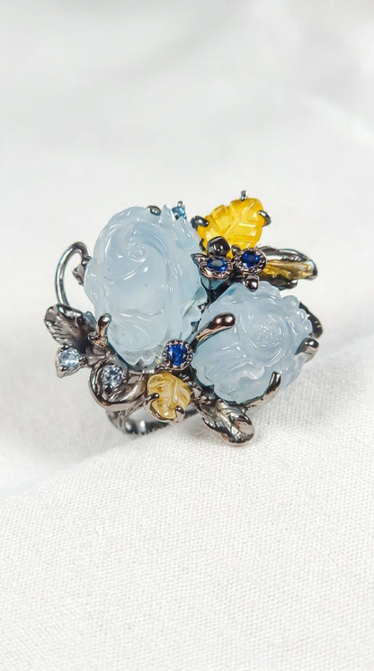 925 silver carved roses aquamarine ring