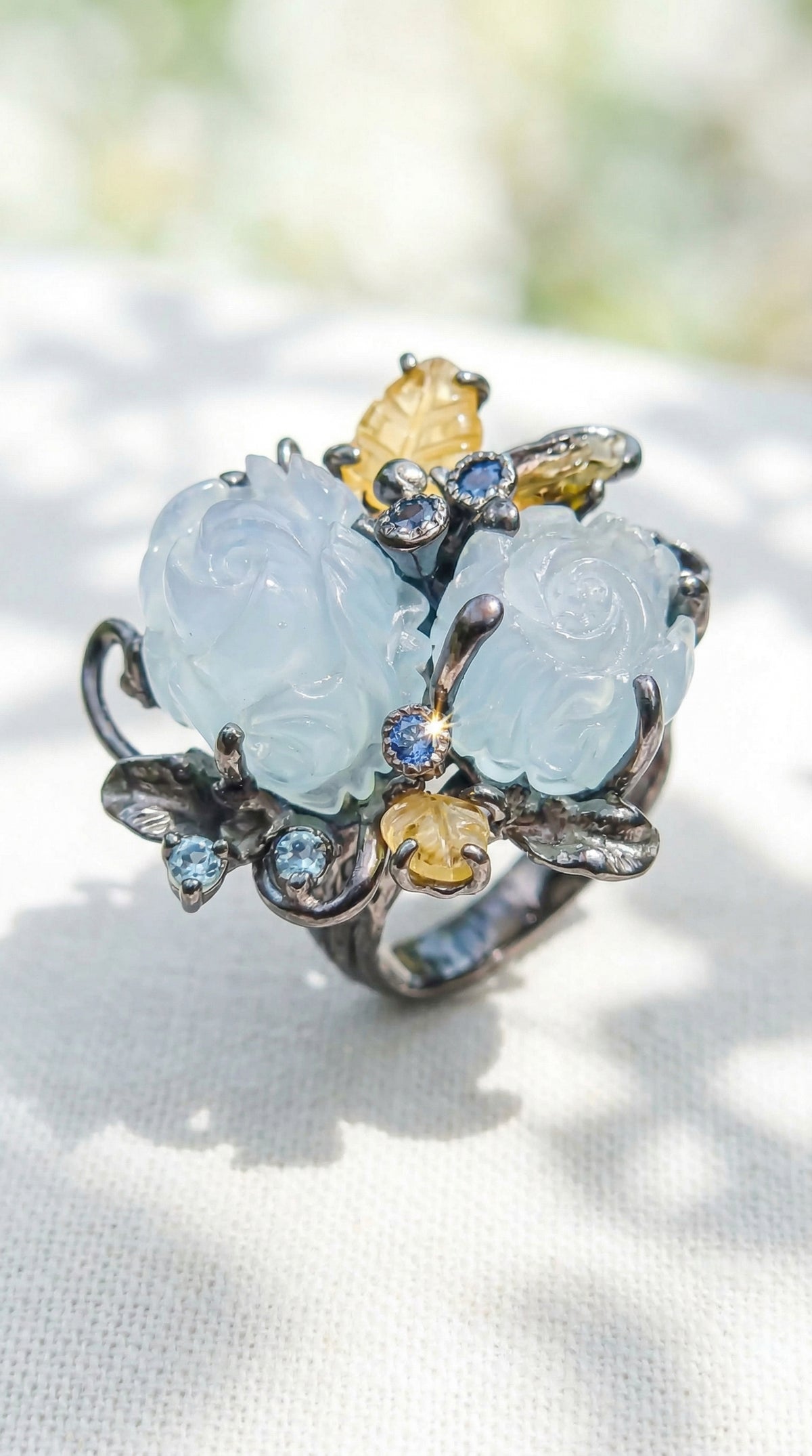 925 silver carved roses aquamarine ring
