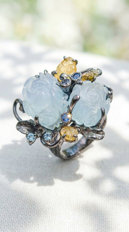 925 silver carved roses aquamarine ring