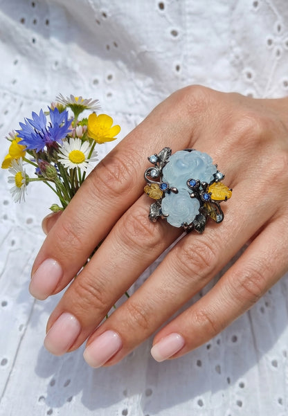 925 silver carved roses aquamarine ring