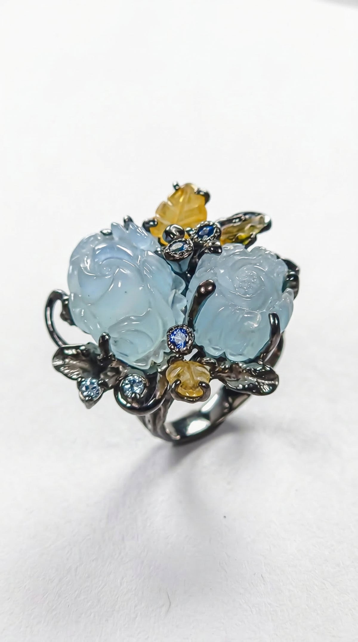925 silver carved roses aquamarine ring