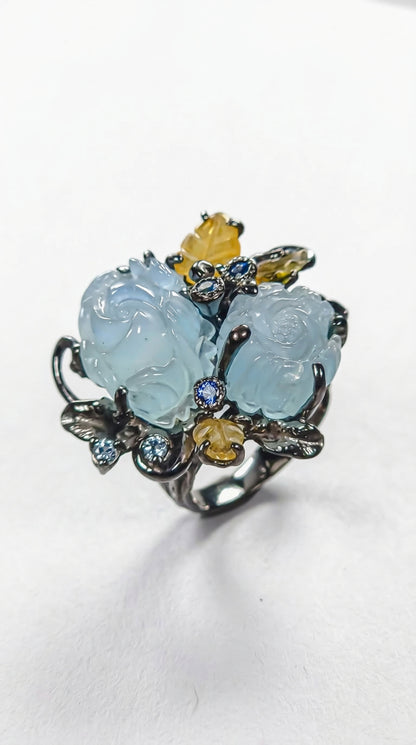 925 silver carved roses aquamarine ring