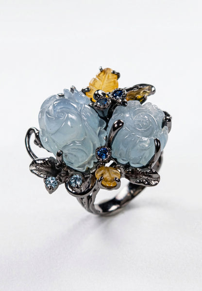 925 silver carved roses aquamarine ring