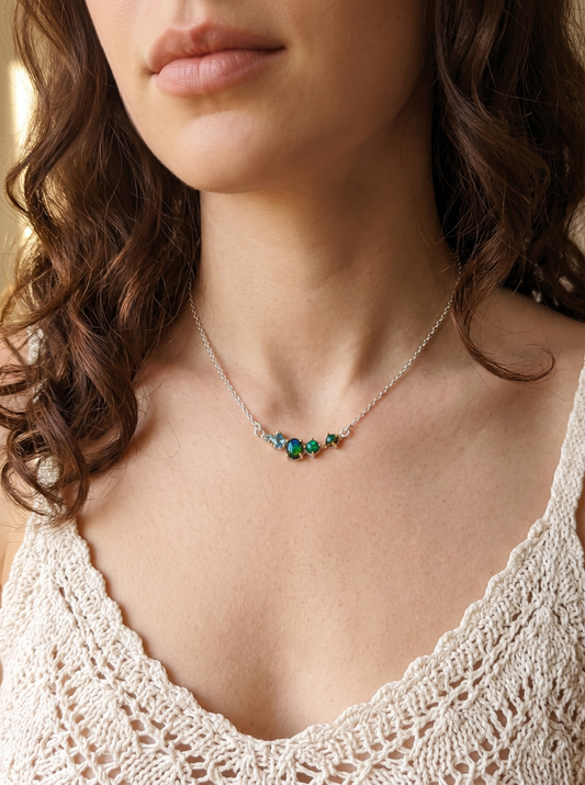 925 sterling silver cluster black opal necklace, alternate angle