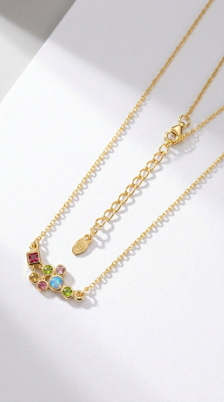 925 sterling silver cluster gemstone necklace, close-up detail