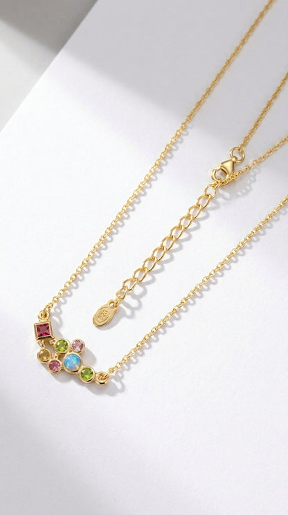925 sterling silver cluster gemstone necklace, close-up detail
