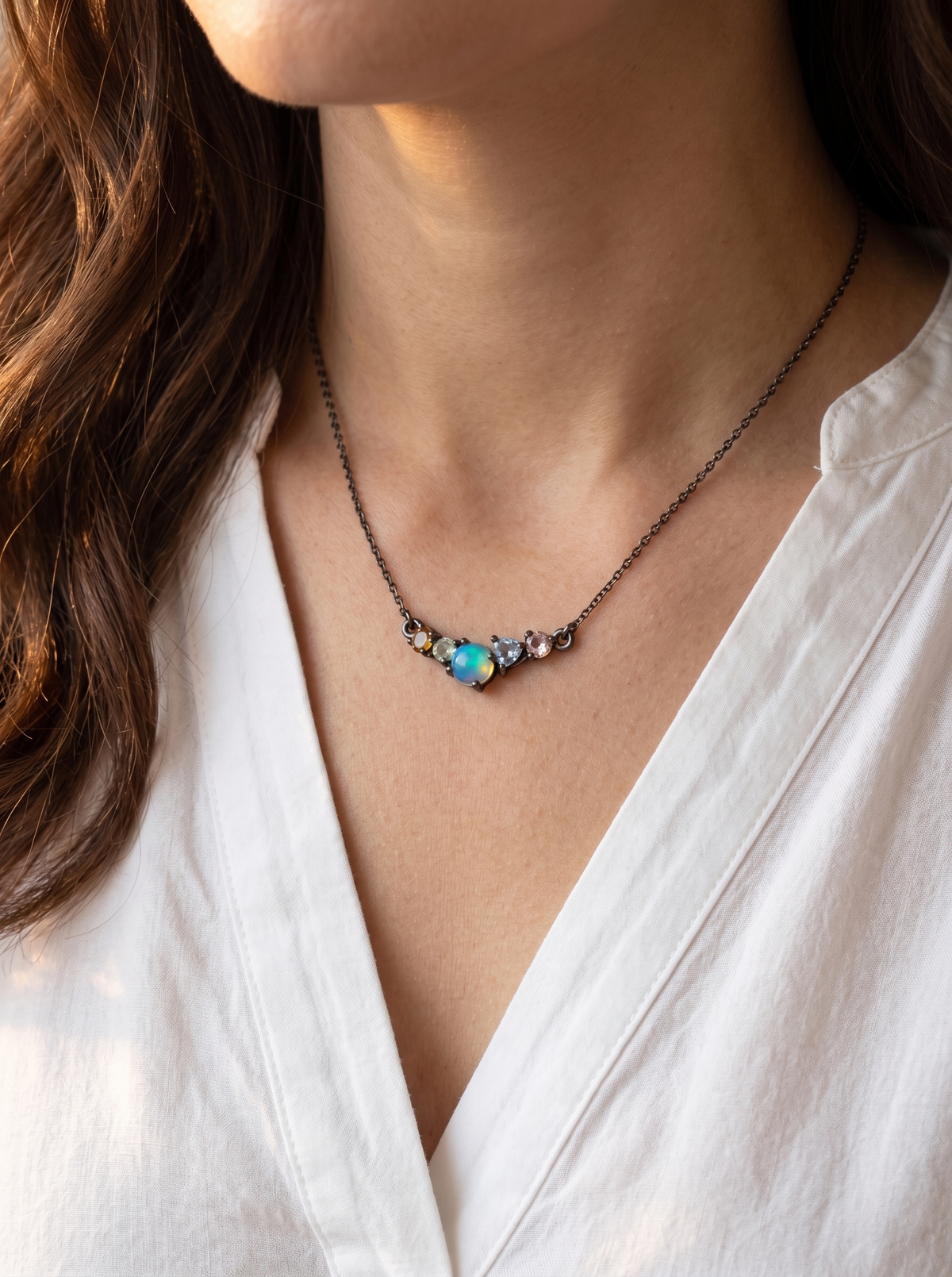 925 sterling silver cluster black opal necklace, alternate angle