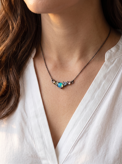 925 sterling silver cluster black opal necklace, alternate angle