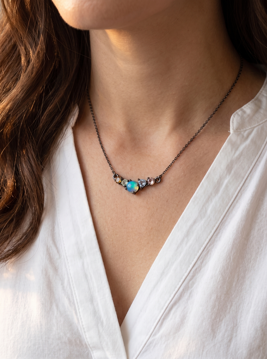 925 sterling silver cluster black opal necklace, alternate angle