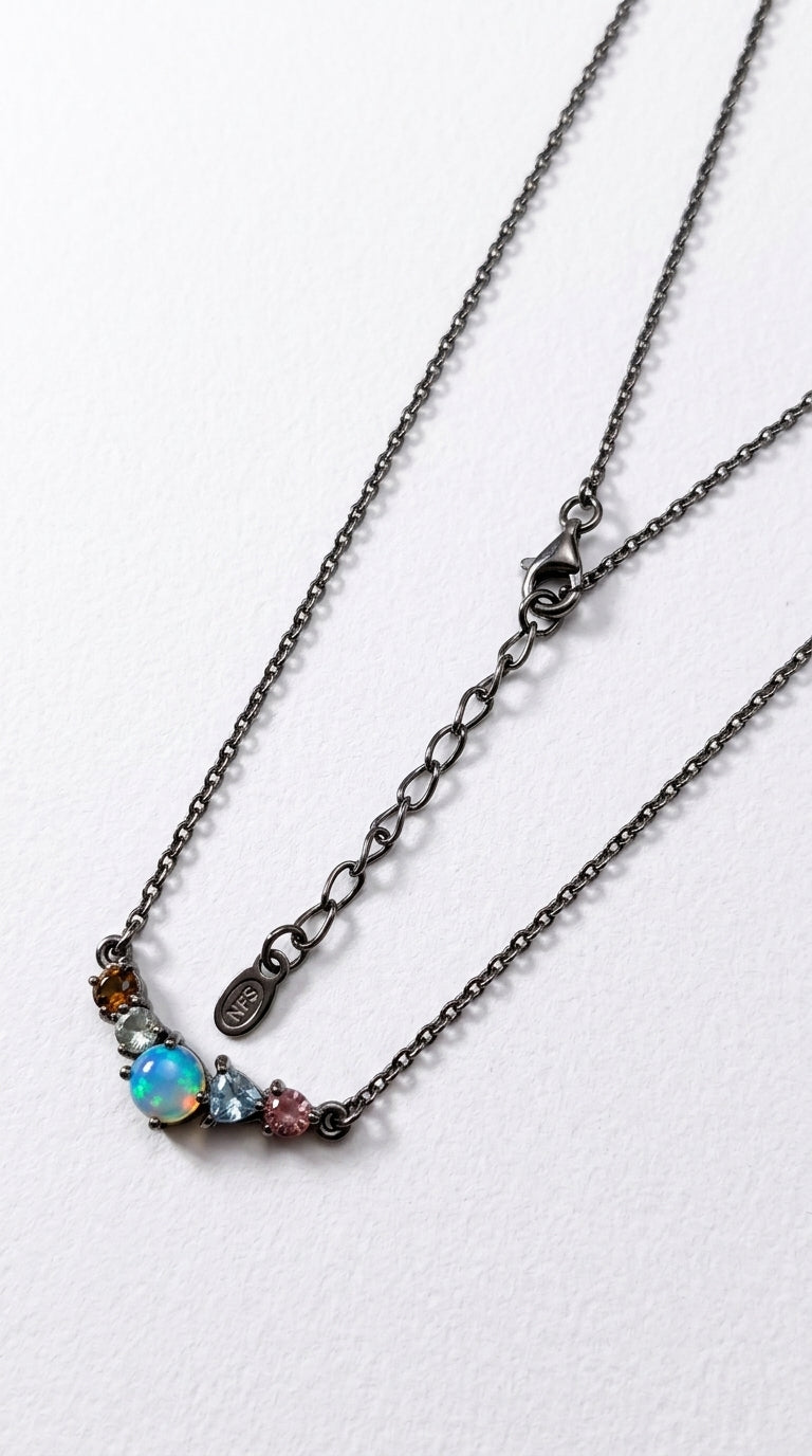 925 sterling silver cluster black opal necklace, close-up detail