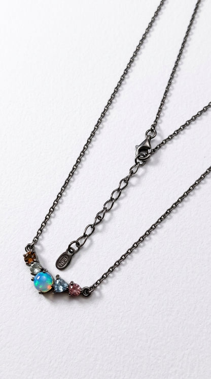 925 sterling silver cluster black opal necklace, close-up detail