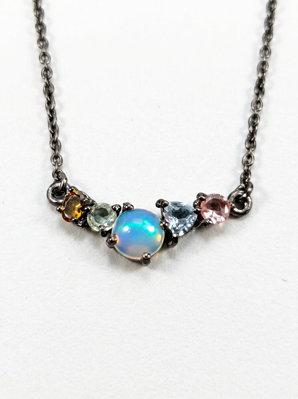925 sterling silver cluster black opal necklace, pendant detail