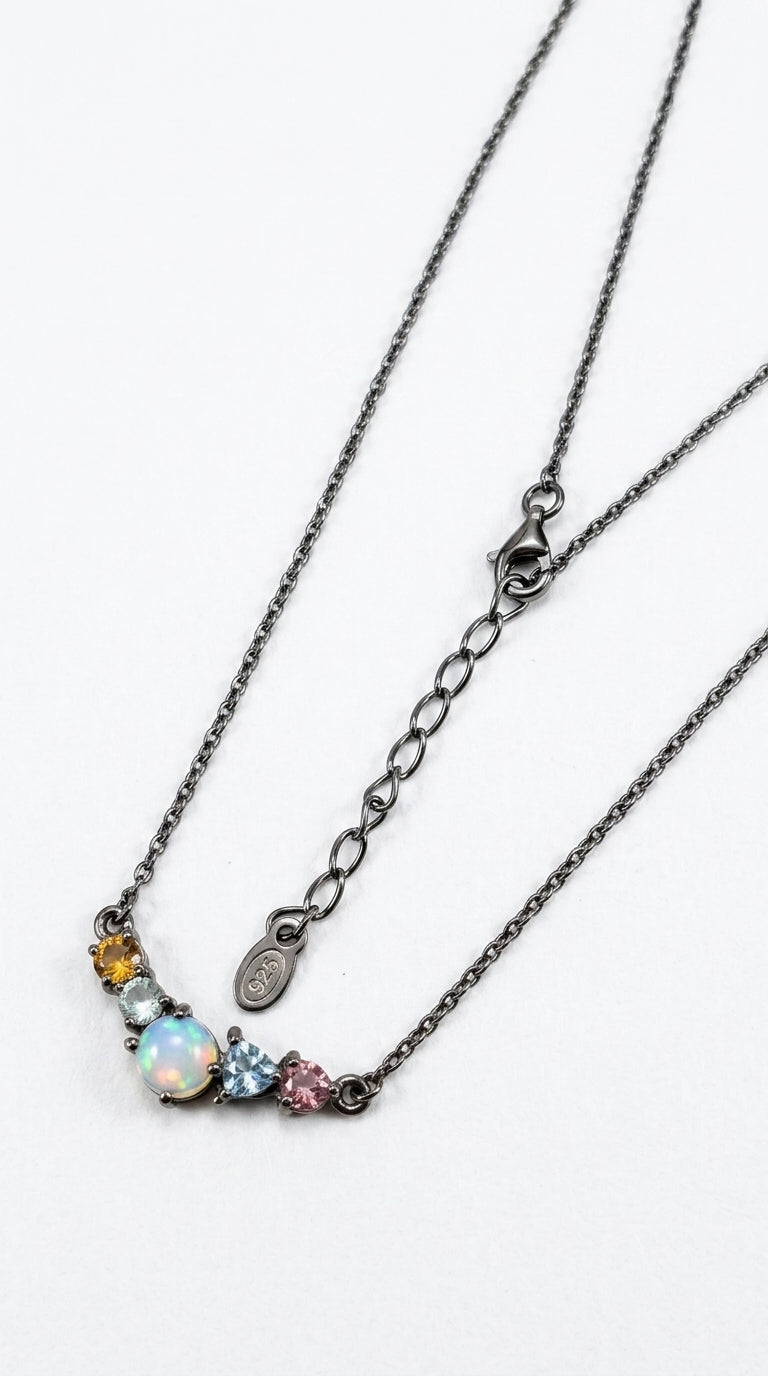 925 sterling silver cluster black opal necklace, additional angle