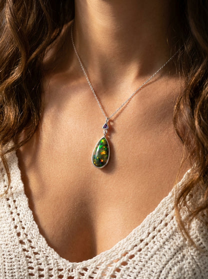 925 silver drop black opal necklace