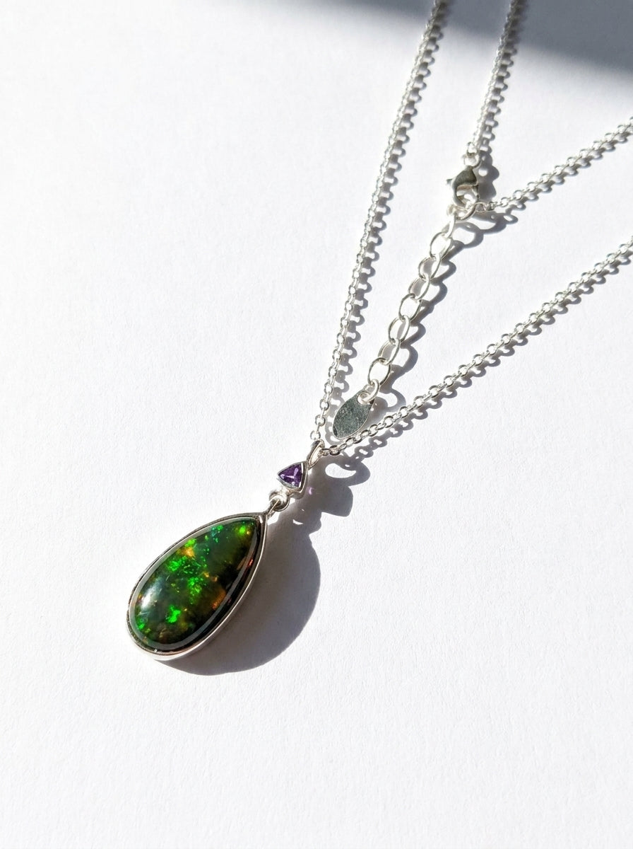 925 silver drop black opal necklace