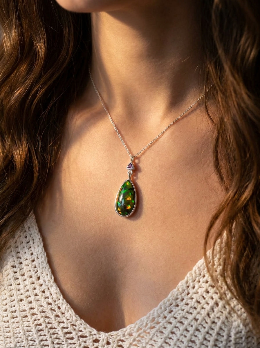 925 silver drop black opal necklace