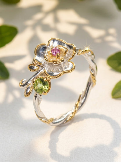 925 silver flower tourmaline ring