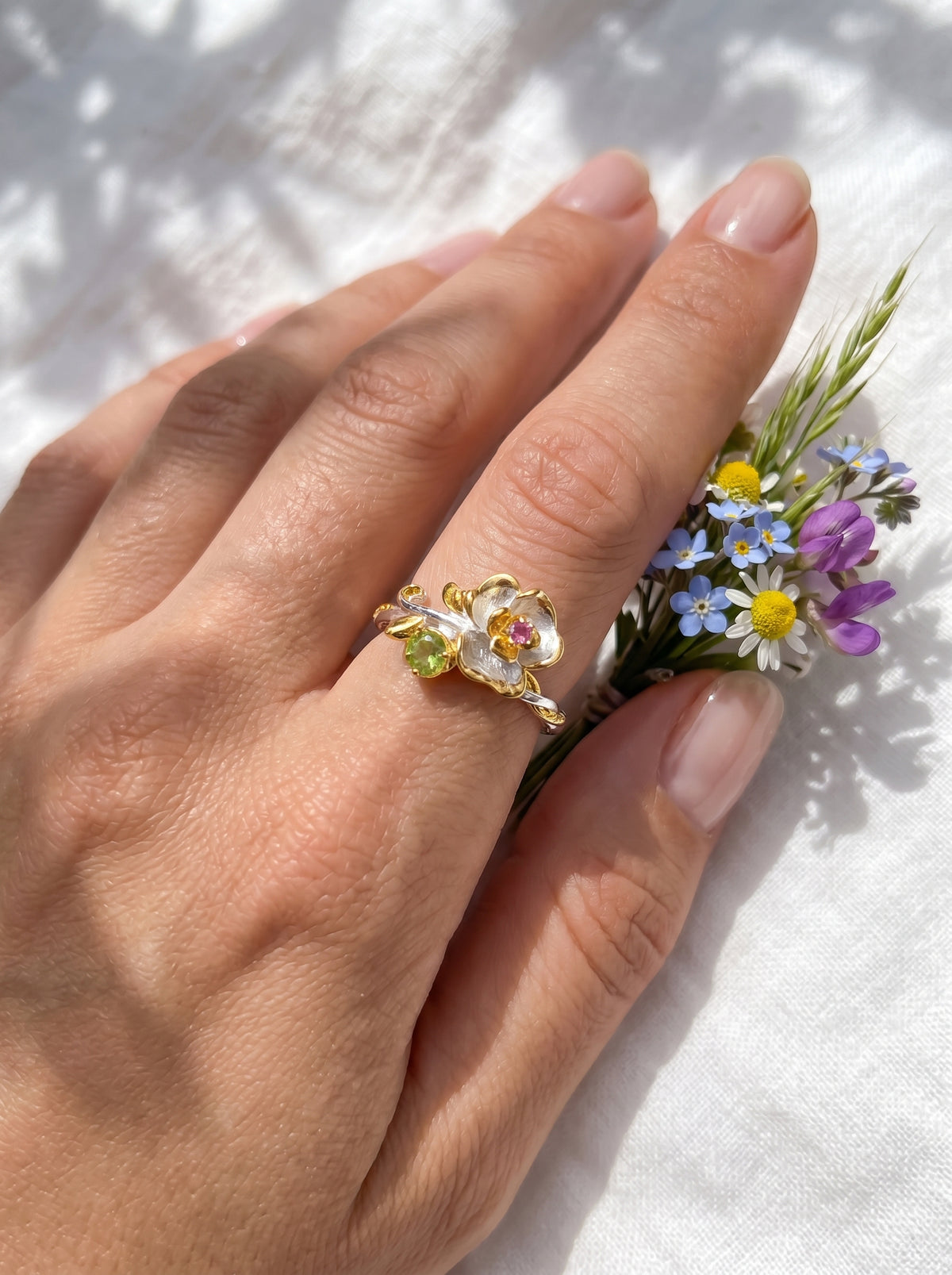 925 silver flower tourmaline ring