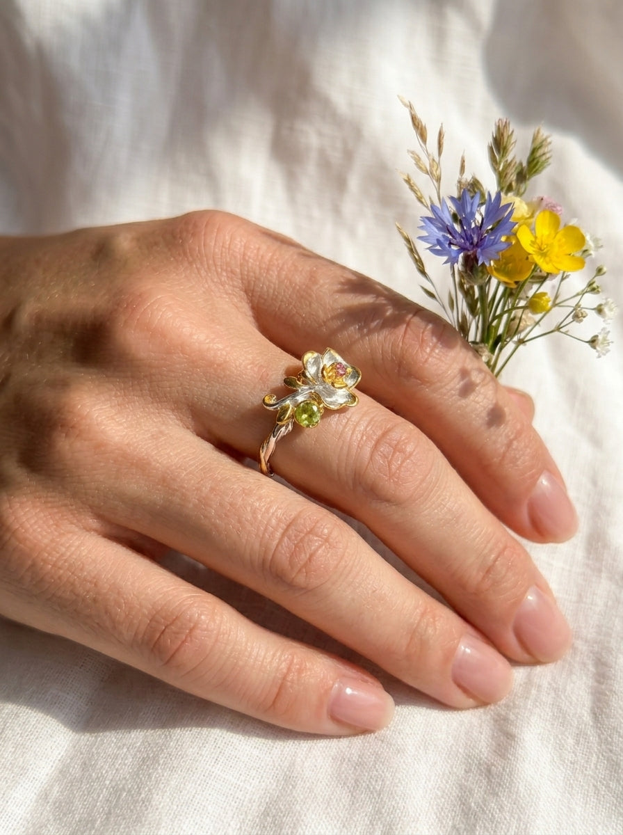 925 silver flower tourmaline ring