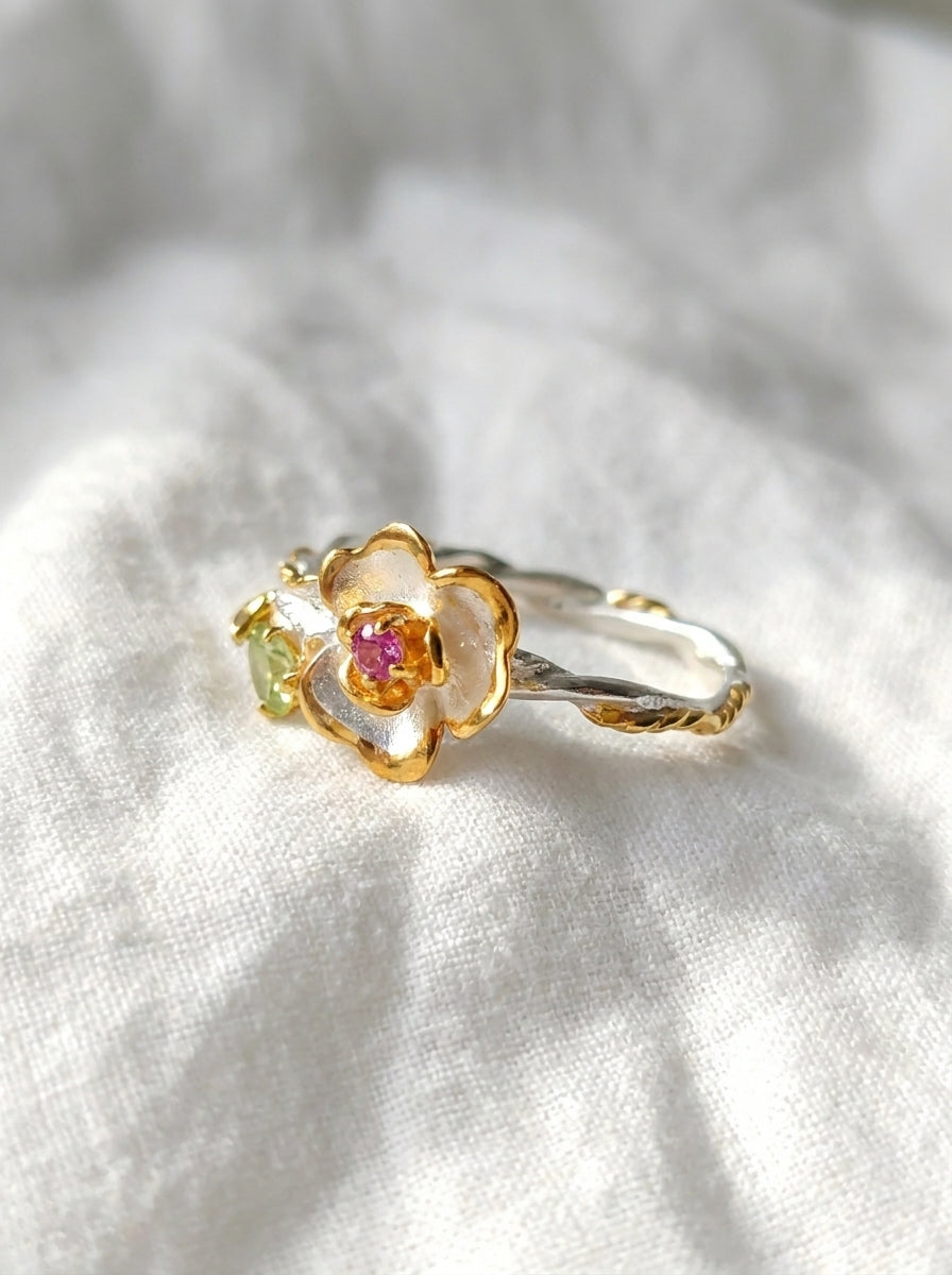 925 silver flower tourmaline ring