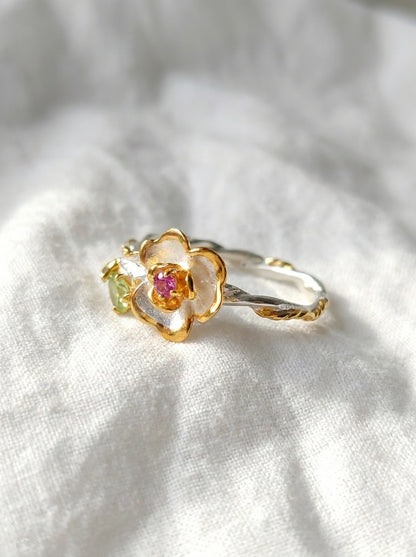925 silver flower tourmaline ring