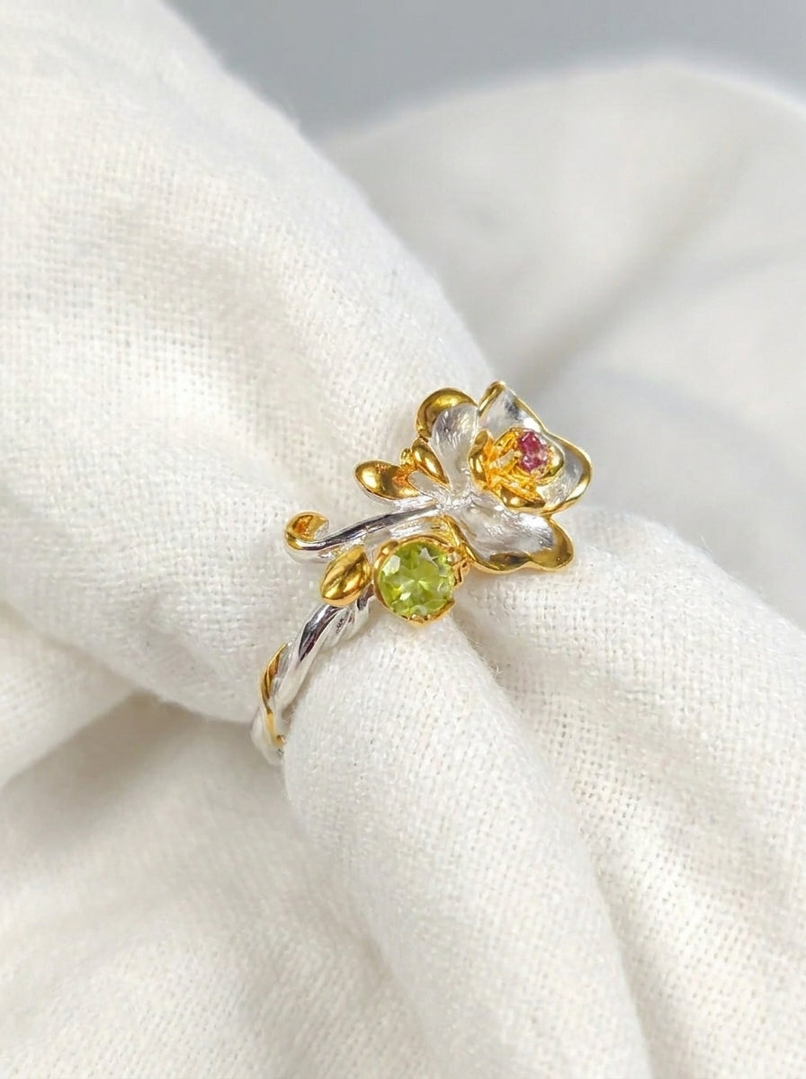 925 silver flower tourmaline ring