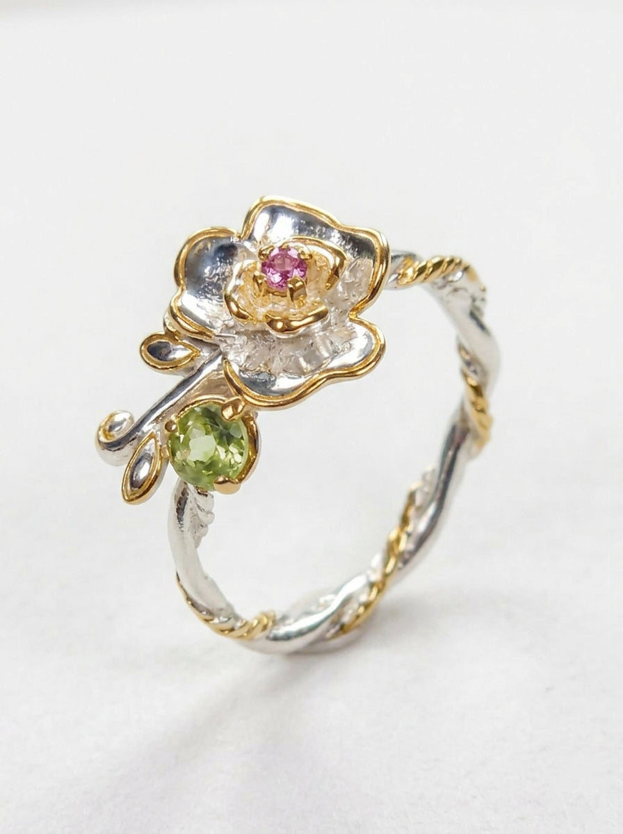 925 silver flower tourmaline ring